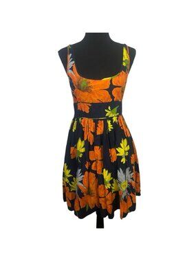 Aryeh Floral Sleeveless Knee Length Fit Flare Dress Sz L Orange Yellow Knee Leng